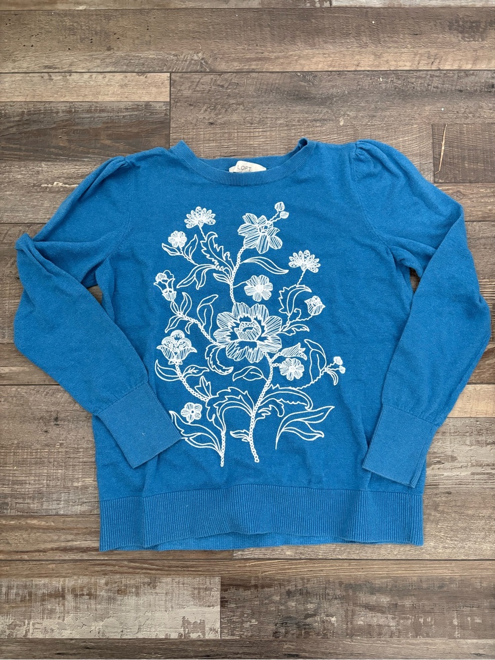 LOFT Blue Crewneck Sweater with White Floral Embroidery